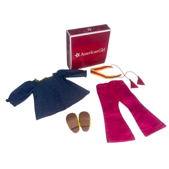 American Girl Julie Doll Tunic Outfit Denim Top Pants Clogs Belt Accessories Box - Picture 3 of 10